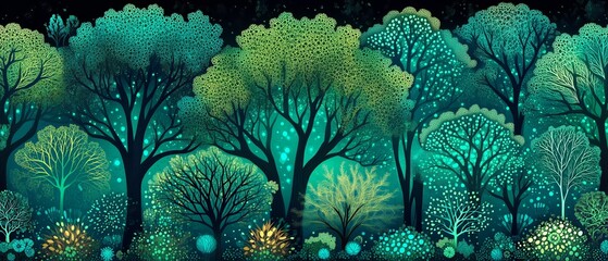 Wall Mural - forest scene with trees in various shades of green and blue. the trees are illuminated with a blue a