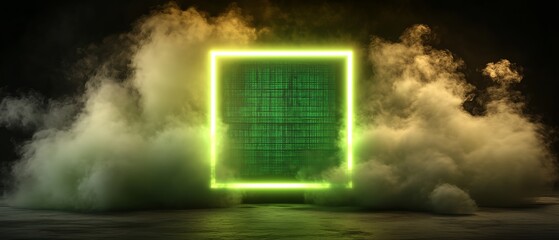 Aufkleber - Green square with a glowing light inside of it is surrounded by a cloud of smoke. The smoke is thick and dense, creating a sense of mystery and intrigue