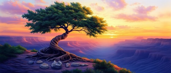Wall Mural - tree with a trunk that is twisted and has many branches. the tree is in a desert landscape with a be