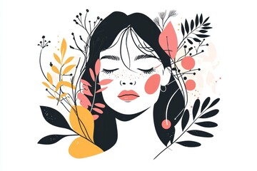 Poster - Abstract illustration of a serene woman surrounded by colorful floral elements, embodying beauty and nature. Ideal for wellness and self-care concepts.