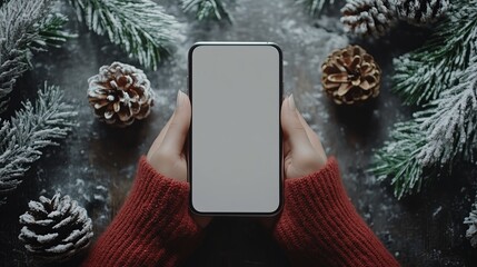 Christmas advertising, app template. Hand holding phone with empty screen