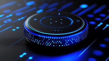Poster - A sleek, illuminated smart speaker on a dark background with digital patterns.