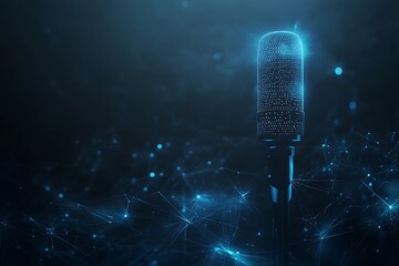 Poster - A glowing microphone surrounded by a network of blue light particles.