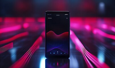 Fototapete - A smartphone displays a vibrant wave pattern against a futuristic background.