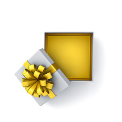 Poster - Top view of open gold present box product display mockup showcase tied with golden ribbon bow or blank opened gold gift box isolated on white background with shadow minimal conceptual 3D rendering