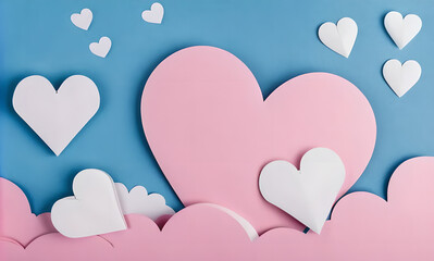 Poster - Blue background with pink hearts and white clouds. The pink hearts are scattered throughout the image