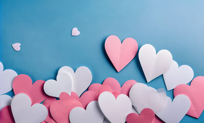 Poster - Blue background with many hearts of different colors. Some are pink and some are white. The pink hearts are scattered throughout the image