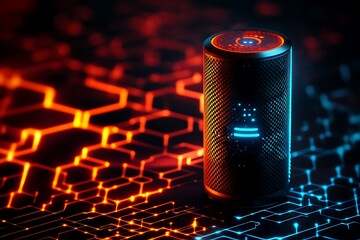 Poster - A futuristic speaker emits light against a digital hexagonal background.