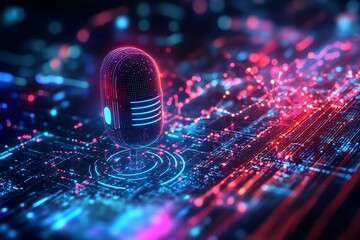 Poster - A futuristic microphone surrounded by vibrant digital signals and patterns.