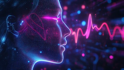 Poster - A digital representation of a female profile with vibrant colors and sound wave patterns.