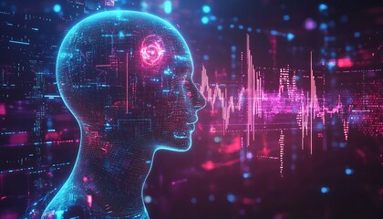 Poster - A digital representation of a human head with data visualization elements.