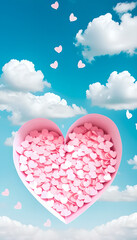 Poster - heart made of pink hearts is floating in the sky. the heart is surrounded by clouds