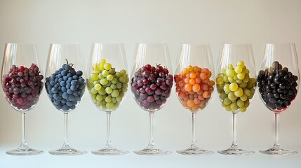   A row of wine glasses filled with colorful candies at the base