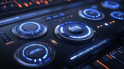 Poster - Close-up of a futuristic control panel with glowing buttons and dials.