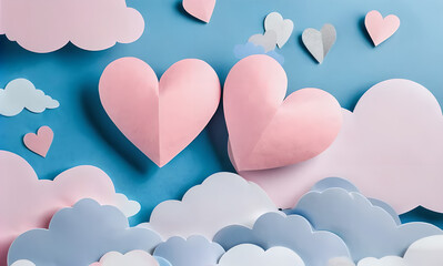 Aufkleber - Two hearts are on a blue background with clouds. The clouds are white and pink