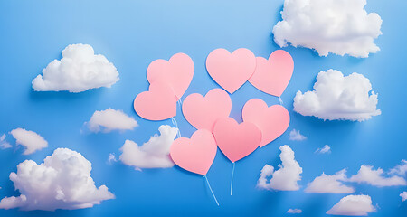 Poster - bunch of pink hearts are floating in the sky. there are six hearts in total. the sky is blue with so