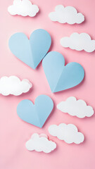 Poster - Pink background with three blue hearts and clouds. The hearts are placed in different positions, with one in the middle and the other two on the right side of the image