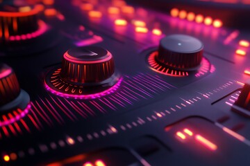 Poster - A close-up of a digital audio mixer with glowing knobs and controls.