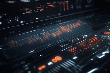 Aufkleber - A futuristic interface displaying data analytics and waveforms in a dark, high-tech environment.