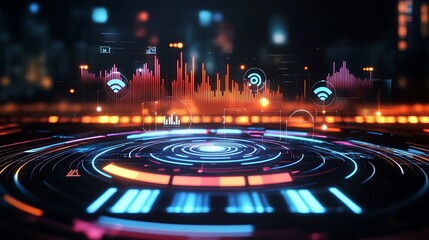 Poster - Futuristic digital interface with graphs, signals, and vibrant data visualizations.