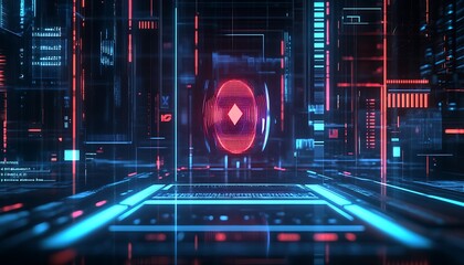 Fototapete - A futuristic digital interface with glowing elements in red and blue hues.
