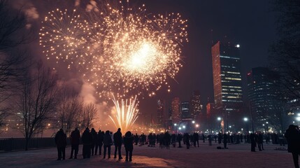 Poster - Fireworks Display Over City Skyline With Silhouetted Spectators