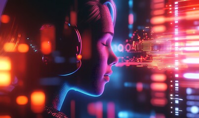 Poster - A futuristic depiction of a person with headphones, immersed in digital data streams.