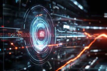 Fototapete - Abstract digital design featuring a glowing circular interface and dynamic lines.