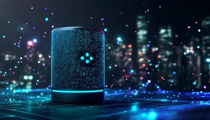 Poster - A futuristic speaker surrounded by colorful digital particles in an urban setting.