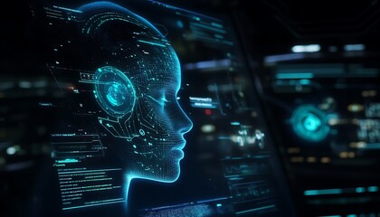 Poster - A futuristic digital interface displaying a holographic human head and data streams.