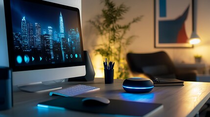 Poster - A modern workspace featuring a computer, speaker, and ambient lighting in a cozy environment.