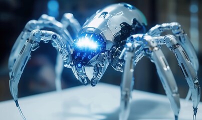 Poster - Robot spider with metallic body and glowing features, showcasing advanced technology and design. Intricate details, futuristic aesthetics, and robotic limbs.