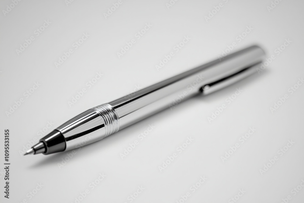 A sleek silver pen lies on a smooth light gray surface, showcasing its shiny metallic finish. The simplicity of the setting emphasizes the pens design and craftsmanship.
