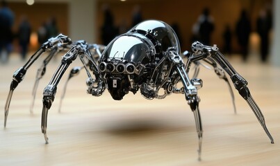 Poster - Robot spider with metallic body and intricate design, showcasing advanced robotics technology and engineering, displayed in modern environment.
