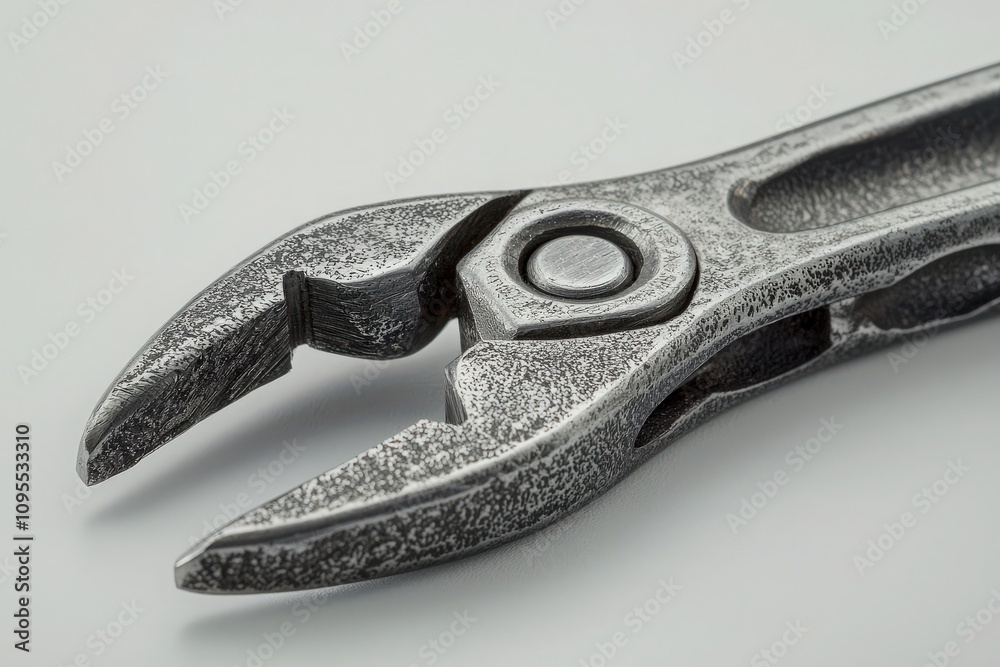 This close-up view of a metal pliers highlights its intricate design and texture. The image captures the tools sharp edges and robust build, perfect for various mechanical tasks.