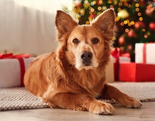 lindo perro acostado en casa en nochebuena