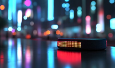 Poster - A smart speaker illuminated in a vibrant, urban night scene.