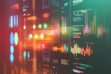 Aufkleber - A vibrant digital interface displaying data visualizations and sound wave patterns.