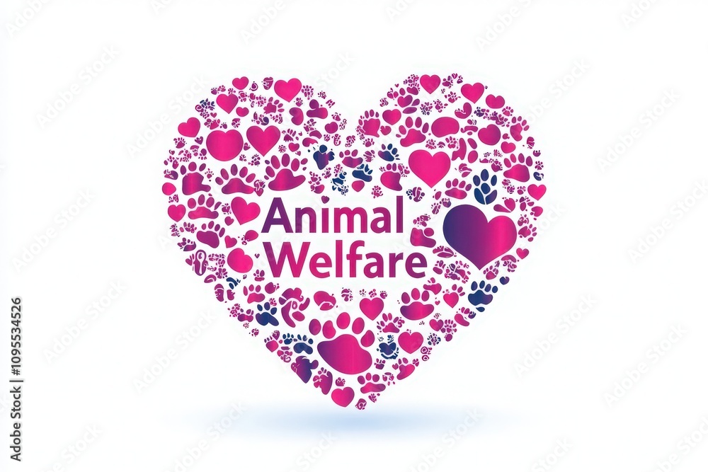 A vibrant heart design made up of various colored paw prints and hearts conveys a strong message about animal welfare and the importance of caring for animals.