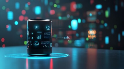 Poster - A futuristic smart speaker with data visualizations in a digital environment.