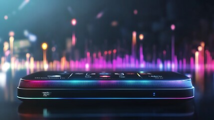 Poster - A sleek device with vibrant soundwave visuals, showcasing technology and audio features.