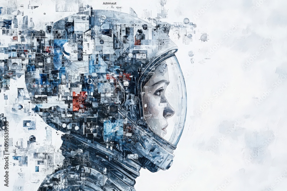 A detailed depiction of an astronauts profile is surrounded by an array of abstract digital elements and technology imagery.