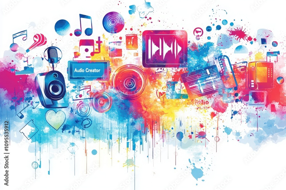 This artwork illustrates a colorful explosion of sound-related icons and symbols. Featuring speakers, music notes, and recording devices, it conveys the energy of audio creation.