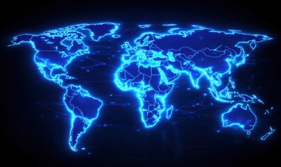 Poster - Digital world map, glowing blue lines, continents outlined, interconnected nodes, modern technology representation