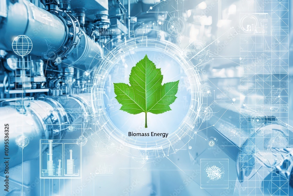 A green leaf symbol representing biomass energy is displayed prominently amidst a network of machinery and digital graphics.