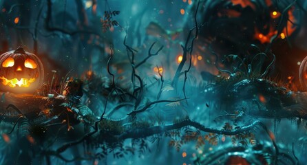 Poster - Jack-o'-lanterns glowing in a mysterious forest. AI.