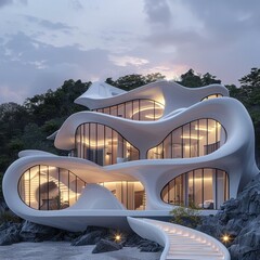 Wall Mural - A futuristic, organic-shaped house blends seamlessly with its natural surroundings. AI.