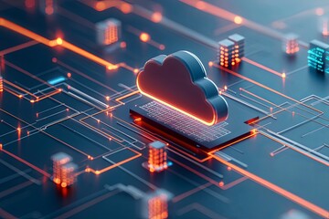 Poster - Cloud computing concept featuring a digital cloud above a laptop with interconnected circuits and glowing data elements. Generative AI
