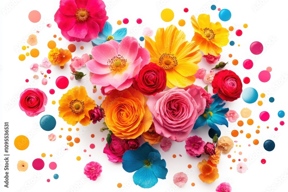 A lively display features an array of colorful flowers including roses, peonies, and daisies surrounded by playful decorative circles. The arrangement showcases bright colors and intricate details.