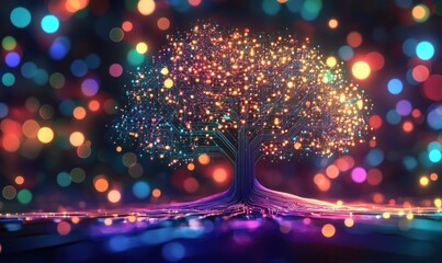 Poster - Digital tree with glowing circuits and colorful bokeh background, representing technology and nature fusion